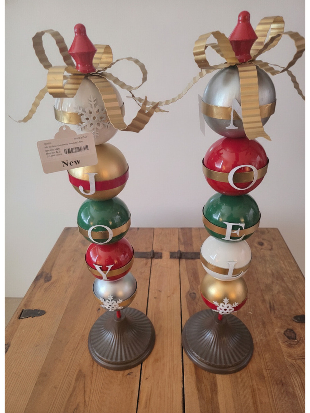 Set of Two Joy Noel Christmas Ornament Stands with Gold Ribbon